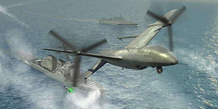 The Office of Naval Research and DARPA are collaborating on the Tern project to give forward-deployed small ships the ability to serve as mobile launch and recovery sites for medium-altitude, long-endurance unmanned aerial systems that would provide ISR and other capabilities (DARPA rendering).