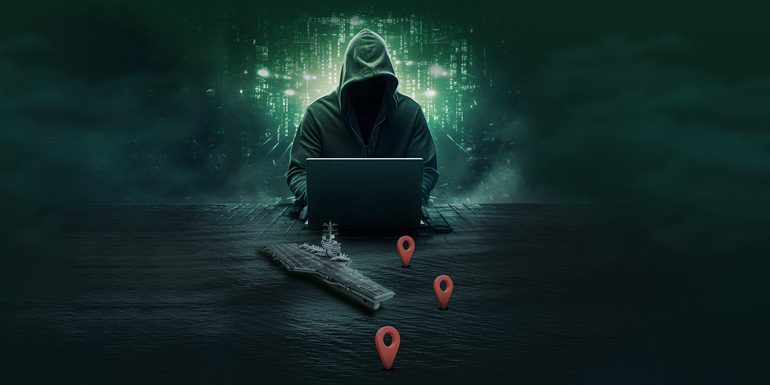 graphic of computer hacker in dark hoodie with laptop next to a battleship