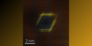 An atomic-scale close-up of the copper-lithium particle, one of many embedded in the microstructure of the nanocrystalline copper-tantalum-lithium alloy. The blue features represent the lithium atoms, the yellow features represent the tantalum atoms encasing the lithium atoms and the orange features represent the surrounding copper matrix. (Lehigh University)