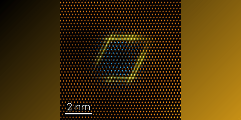 An atomic-scale close-up of the copper-lithium particle, one of many embedded in the microstructure of the nanocrystalline copper-tantalum-lithium alloy. The blue features represent the lithium atoms, the yellow features represent the tantalum atoms encasing the lithium atoms and the orange features represent the surrounding copper matrix. (Lehigh University)