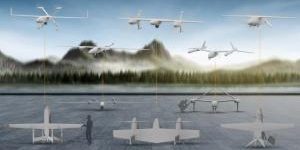Artist’s concept of five performer designs for the DARPA ANCILLARY program’s EVADE demonstration. Image shows vertical takeoff-and-landing position and forward flight orientation, to scale, for each aircraft. Source: DARPA