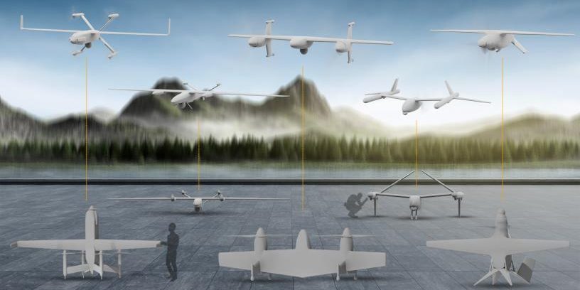 Artist’s concept of five performer designs for the DARPA ANCILLARY program’s EVADE demonstration. Image shows vertical takeoff-and-landing position and forward flight orientation, to scale, for each aircraft. Source: DARPA