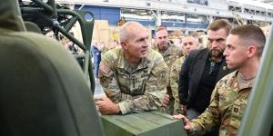 Gen. George talks with key leaders, and civilian and military personnel during an Aug. 24, 2024 visit to the Detroit Arsenal that centered around advancements in ground vehicle systems, advanced manufacturing integration, and the future of manufacturing. (Photo Credit: Jerome Aliotta)