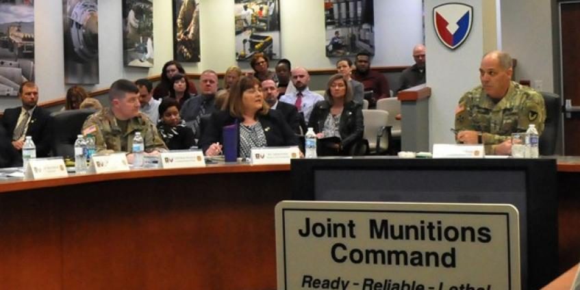 Gen. Gus Perna, Commander of Army Materiel Command, is briefed by JMC senior leaders on continued initiatives to increase munitions readiness through focused strategic lines of efforts during a quarterly update on February 19 (photo credit: Mr. Tony Lopez, Joint Munitions Command).