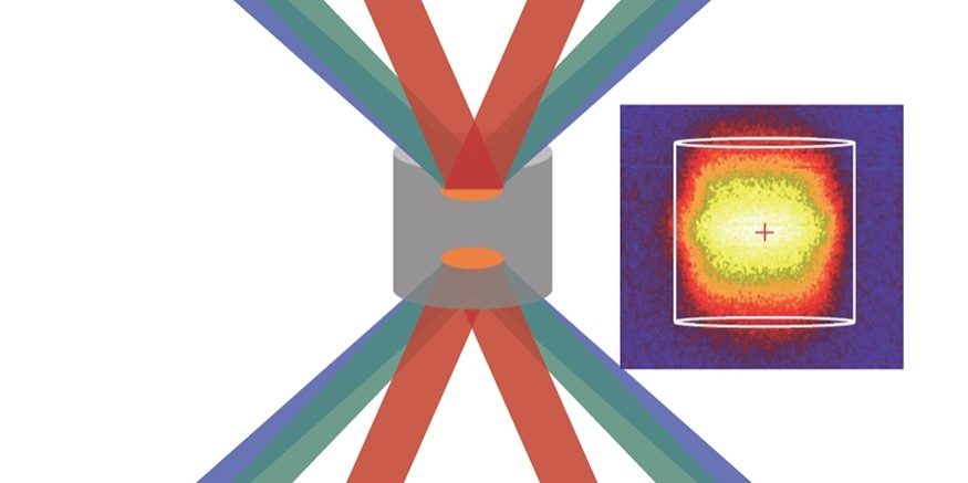 The NIF lasers overlap onto the millimeter-scale cylindrical silver foam target. The resultant heating creates X-rays, which are then imaged as shown on the right.